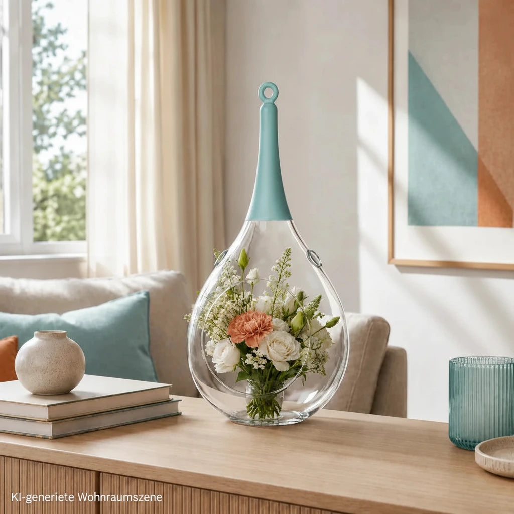 Sompex Taura Hängewindlicht aus klarem Glas mit Blumen in modernem Wohnzimmer in Blau, Orange und Beige