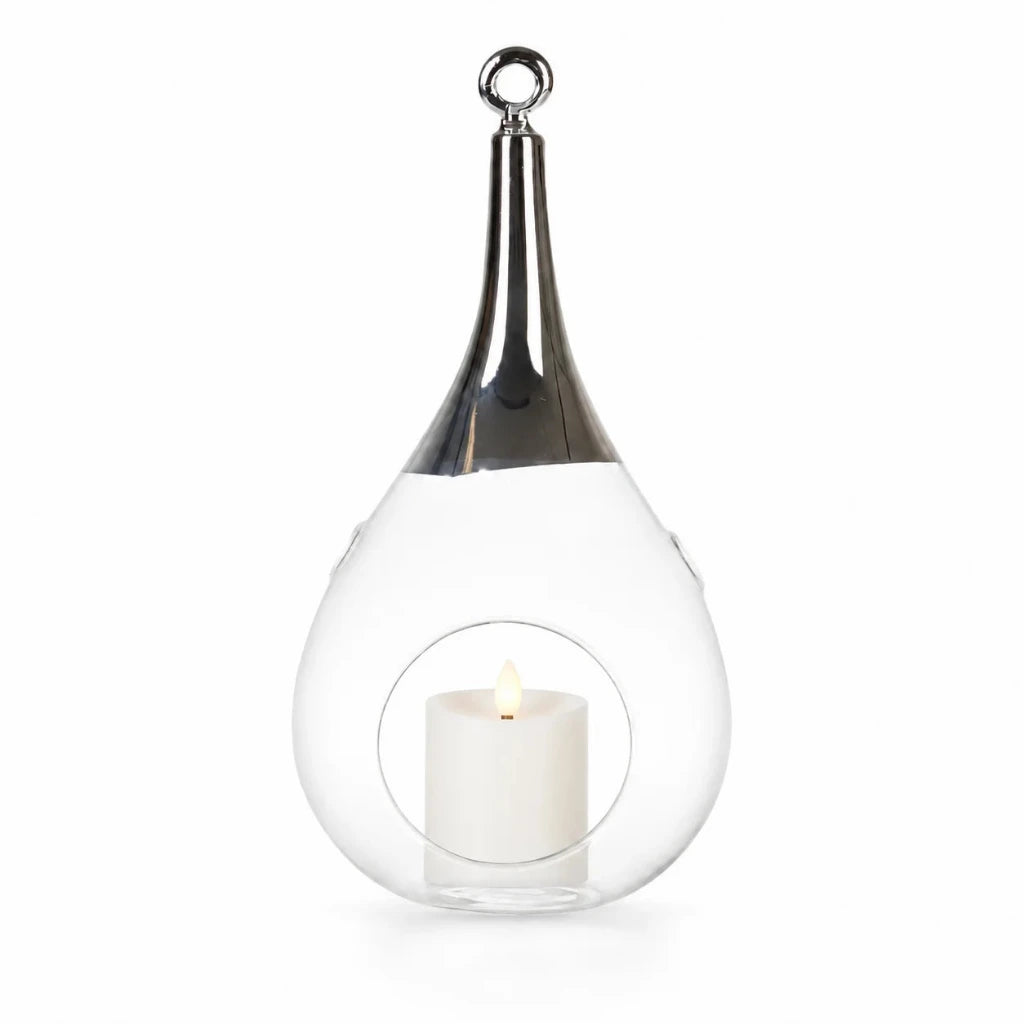 Sompex Taura Hängewindlicht aus Glas und Chrom mit weißer leuchtender LED-Kerze in der runden Öffnung