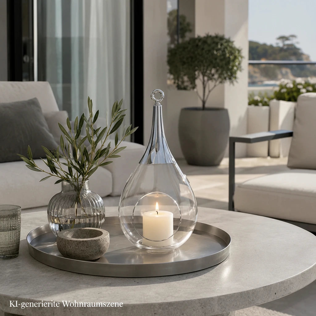 Sompex Taura Glas-Windlicht mit Chromdetails und Kerze auf einem Tablett in einem modernen hellen Trasse
