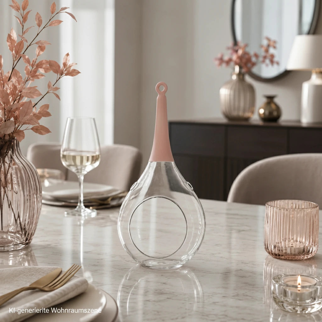 Sompex Taura Hängewindlicht aus transparentem Glas mit rosa Aufhängung als Dekoration auf einem modernen Esstisch