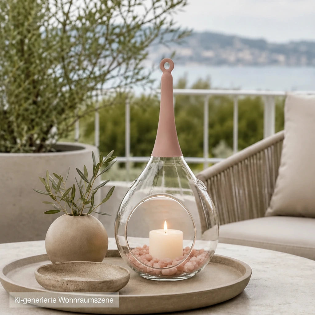 Sompex Taura Glas-Windlicht in Rosa mit brennender Kerze und Dekosteinen auf einem Tablett im Außenbereich