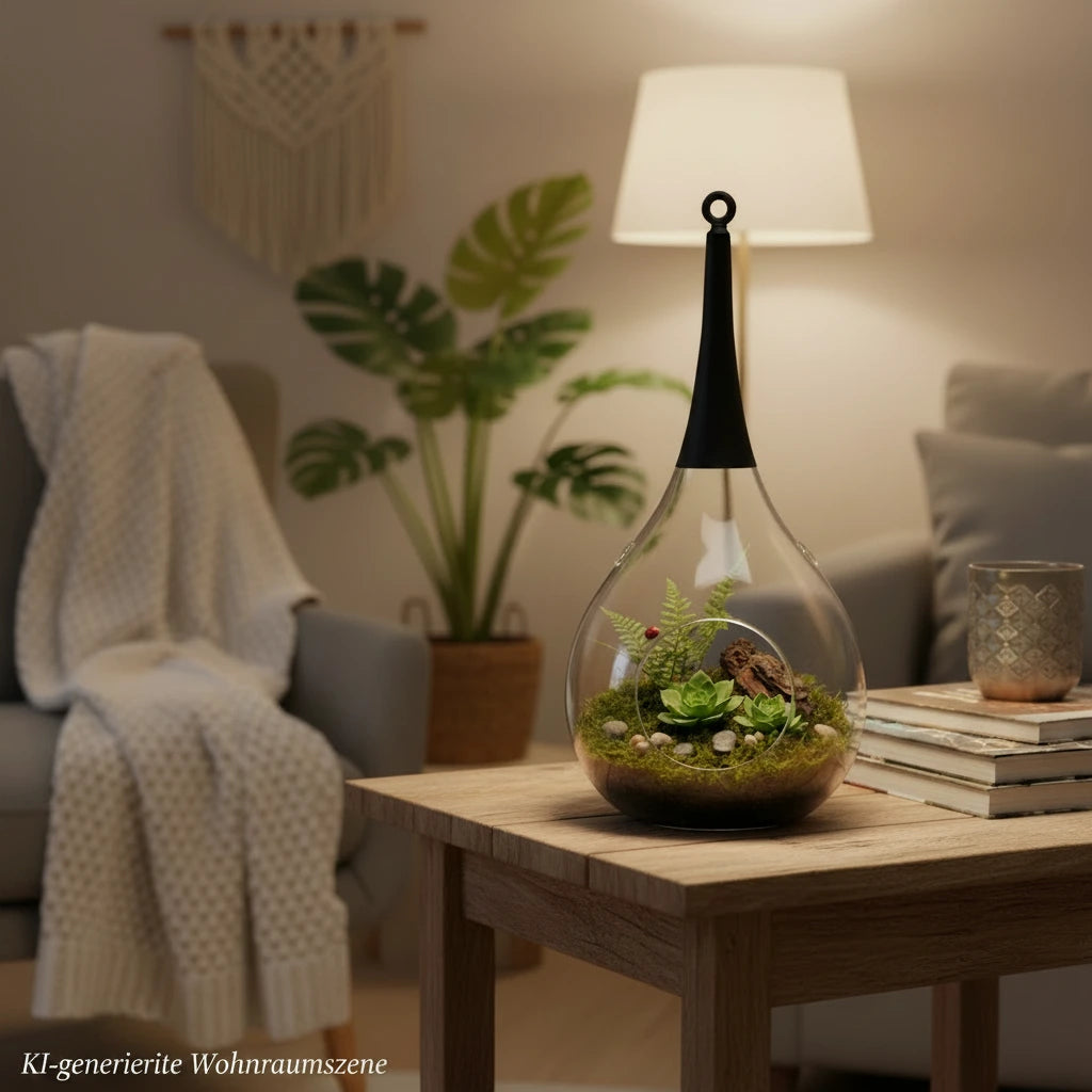 Detailaufnahme des Sompex Taura Hängewindlichts aus klarem mundgeblasenem Glas mit schwarzer Aufhängung auf weißem Hintergrund.