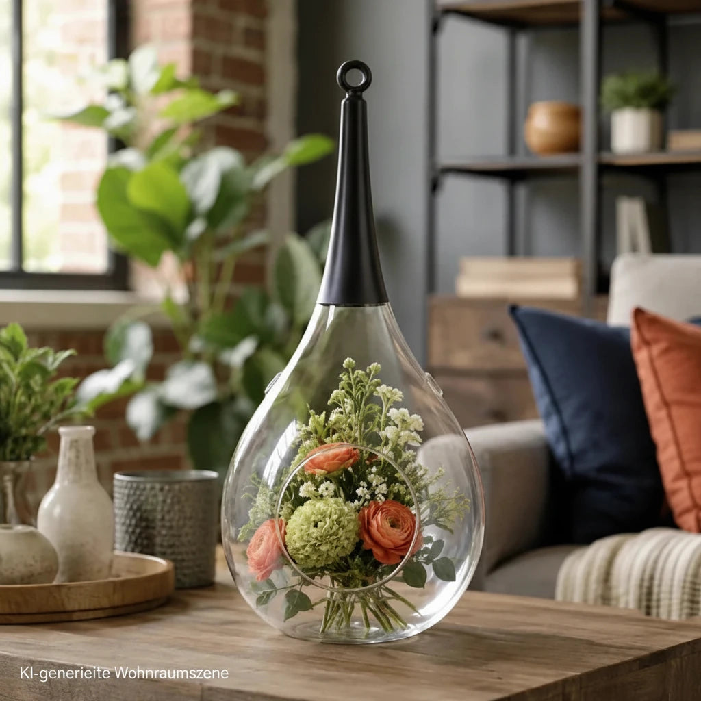 Sompex Taura Hängewindlicht aus klarem Glas mit schwarzer Aufhängung im modernen Wohnzimmer mit frischem Blumenstrauß.