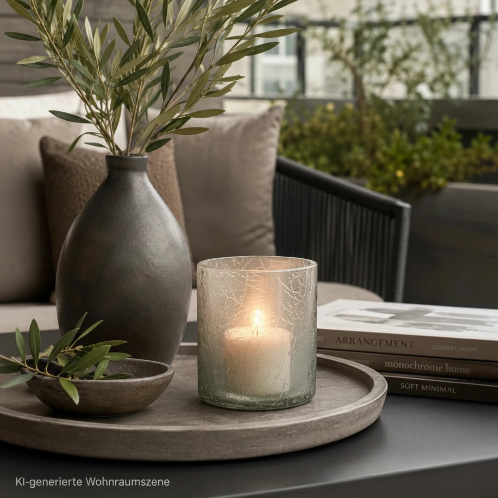 Sompex Windlicht aus grauem Crush Glas mit leuchtender Kerze auf einem Dekotablett auf moderner Terrasse