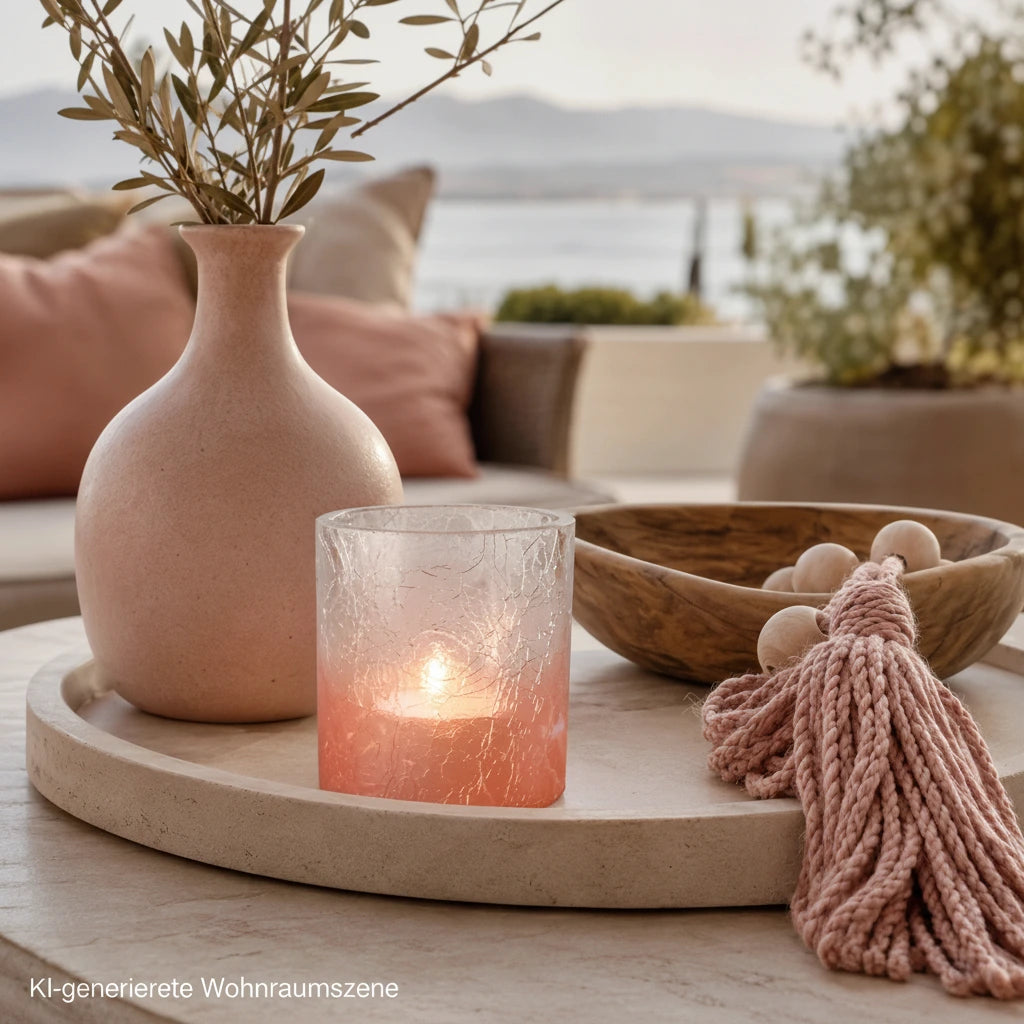 Sompex Teelichthalter aus pinkem Crush Glas mit Kerzenlicht auf einem dekorierten Tablett auf der Boho-Terrasse