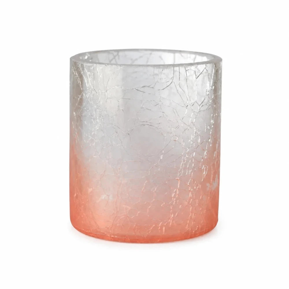 Sompex Teelichthalter aus Crush Glas in Pink mit klarem Farbverlauf und Krakelee-Oberfläche auf weißem Hintergrund