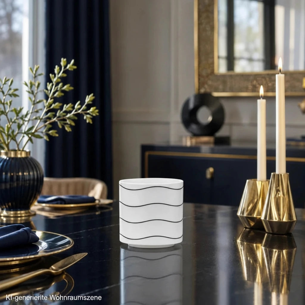 Weißer Sompex Teelichthalter aus Porzellan auf einem eleganten Esstisch mit dunkelblauen und goldenen Art-Déco-Akzenten