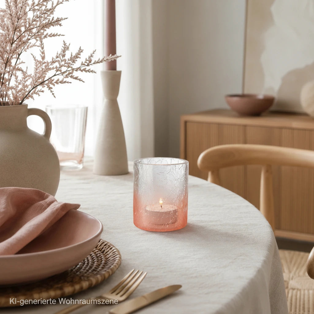 Sompex Windlicht aus pinkem Crush Glas mit brennendem Teelicht auf einem gedeckten Esstisch im Boho-Stil