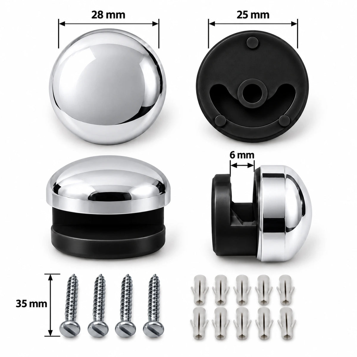 Maßzeichnung Spiegelhalter Chrom mit 28 mm Vorderseite, 25 mm Rückseite und 6 mm Klemmöffnung inklusive Befestigungszubehör
