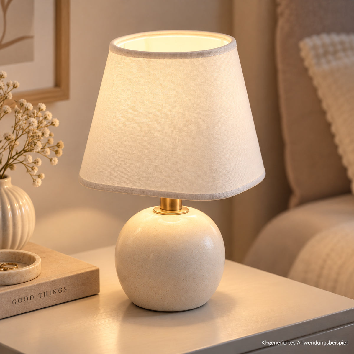 Kleiner Lampenschirm in hellem Creme für Tischleuchte und Nachttischlampe, KI-generiertes Anwendungsbeispiel