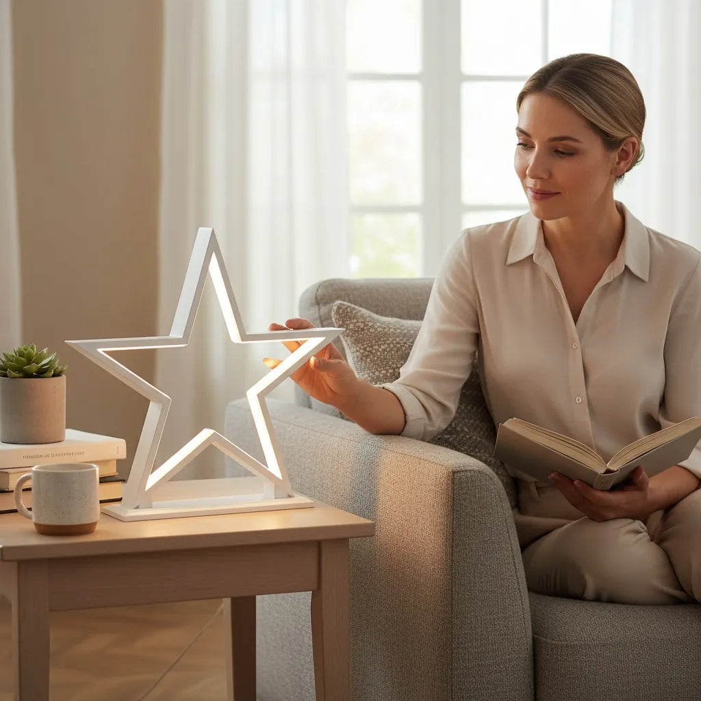 Minimalistische LED-Sternlampe in warmweiß auf einem Wohnzimmertisch, stilvolle Deko.