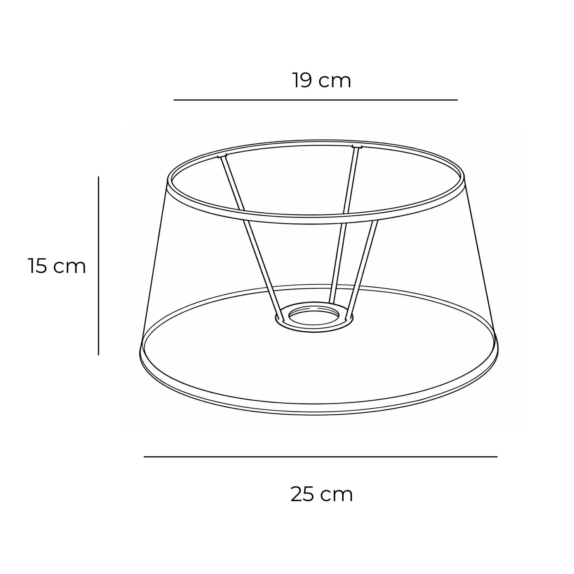 Technische Skizze des Lampenschirms (Artikel 5825-883) mit Maßen: Höhe 15 cm, oberer Durchmesser 19 cm, unterer Durchmesser 25 cm.