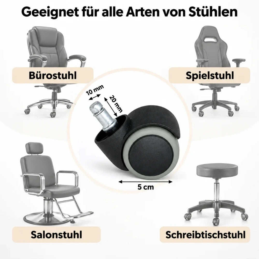 Hartbodenrolle mit 50-mm-Rad und 10 × 20-mm-Stift, dargestellt für Bürostuhl, Spielstuhl, Salonstuhl und Schreibtischstuhl.