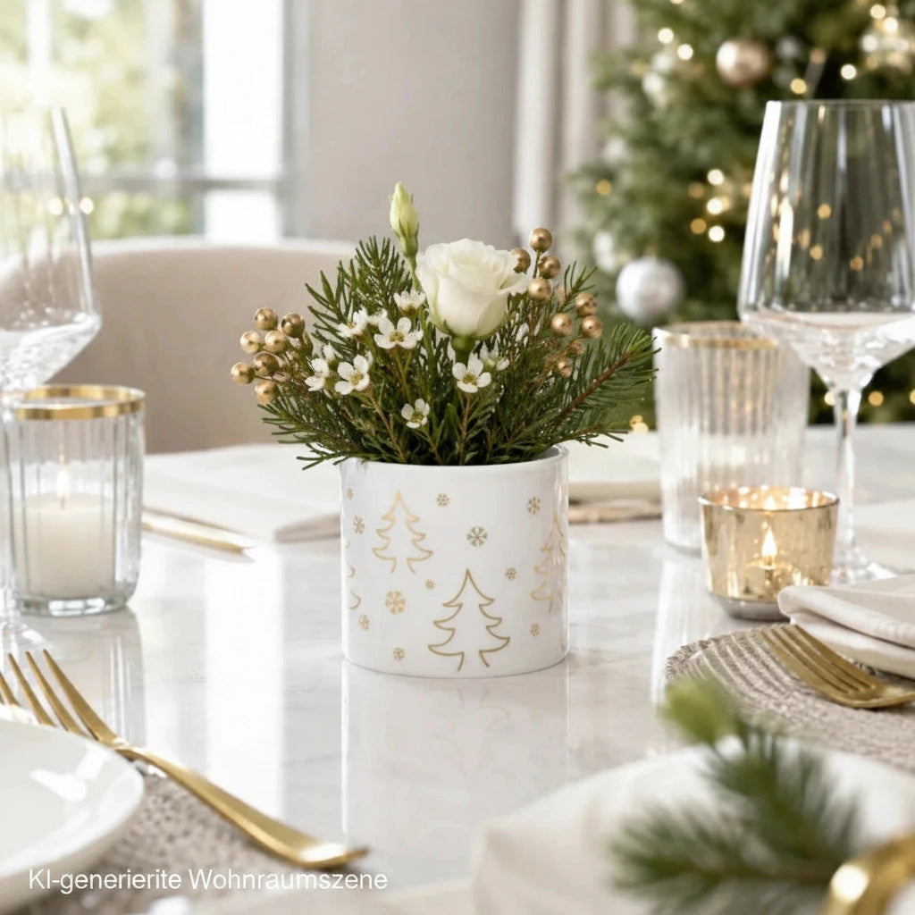 Weißes Porzellan-Teelichtglas mit Tannenbaum-Motiv und kleinem festlichen Gesteck als Weihnachtsdekoration auf dem Esstisch.
