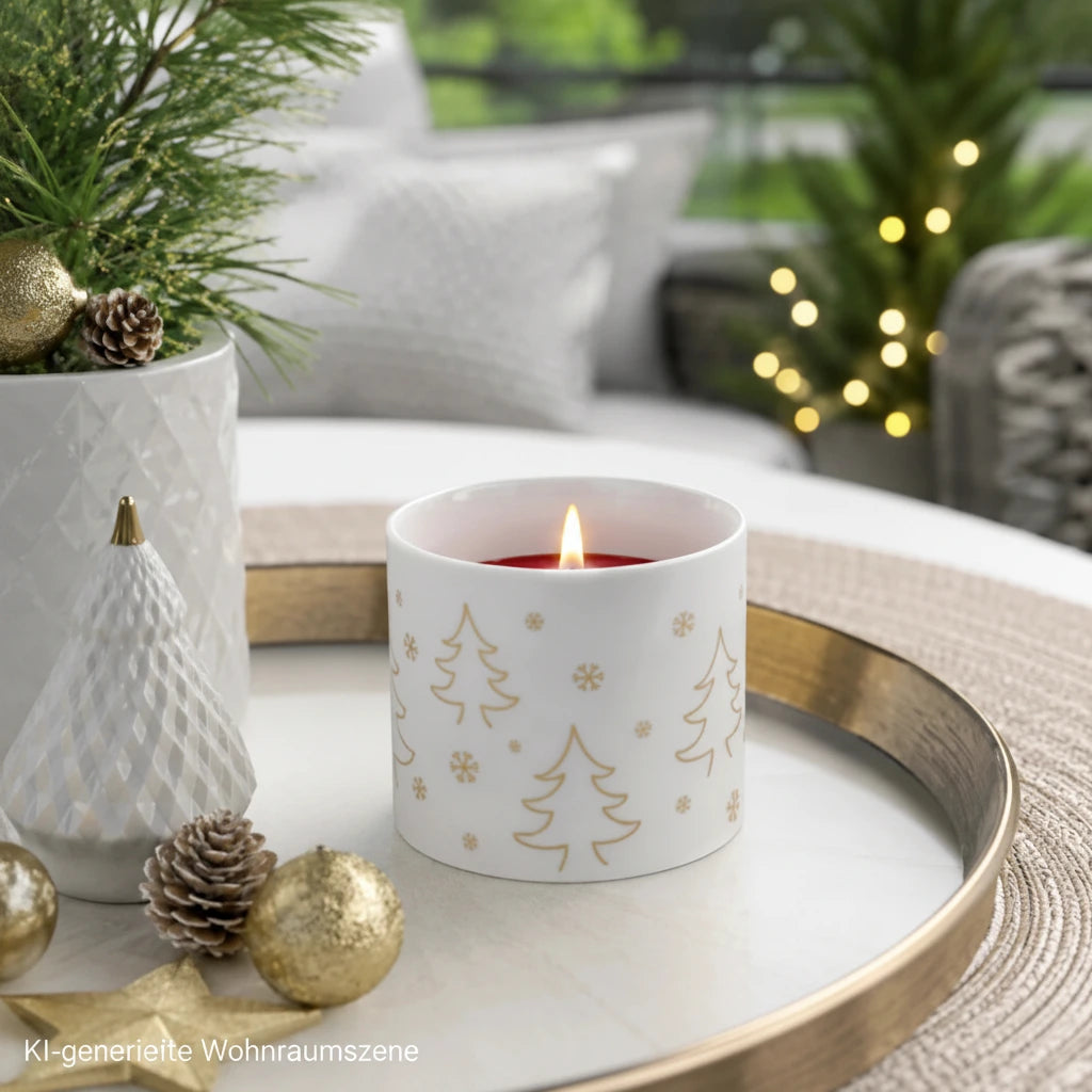 Weißes Porzellan-Teelichtglas mit goldfarbenem Tannenbaum-Motiv und brennender roter Kerze auf einem weihnachtlich dekorierten Tablett.