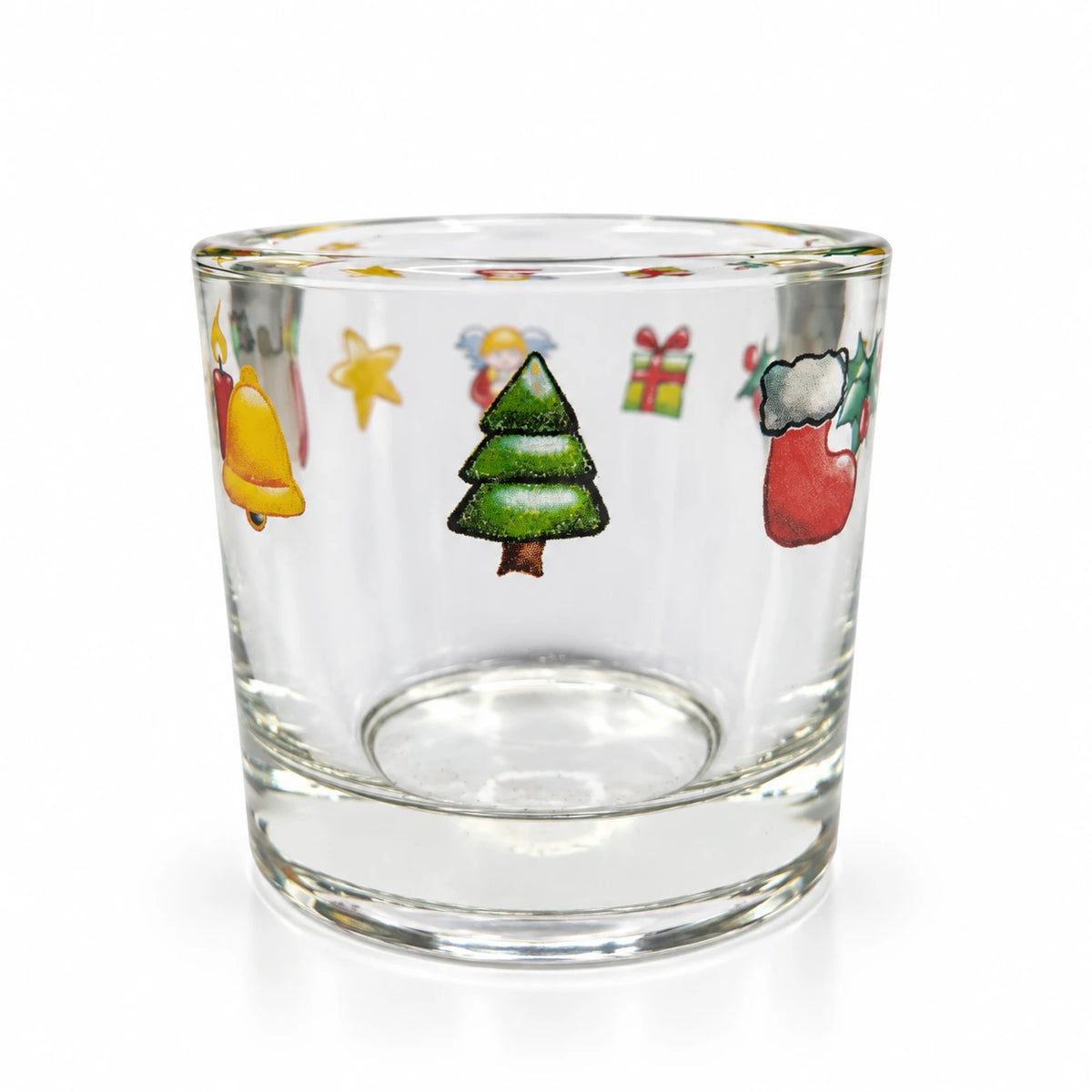 Weihnachtlicher Teelichthalter aus Glas mit bunten Weihnachtsmotiven klar mit deko in grün rot gelb 