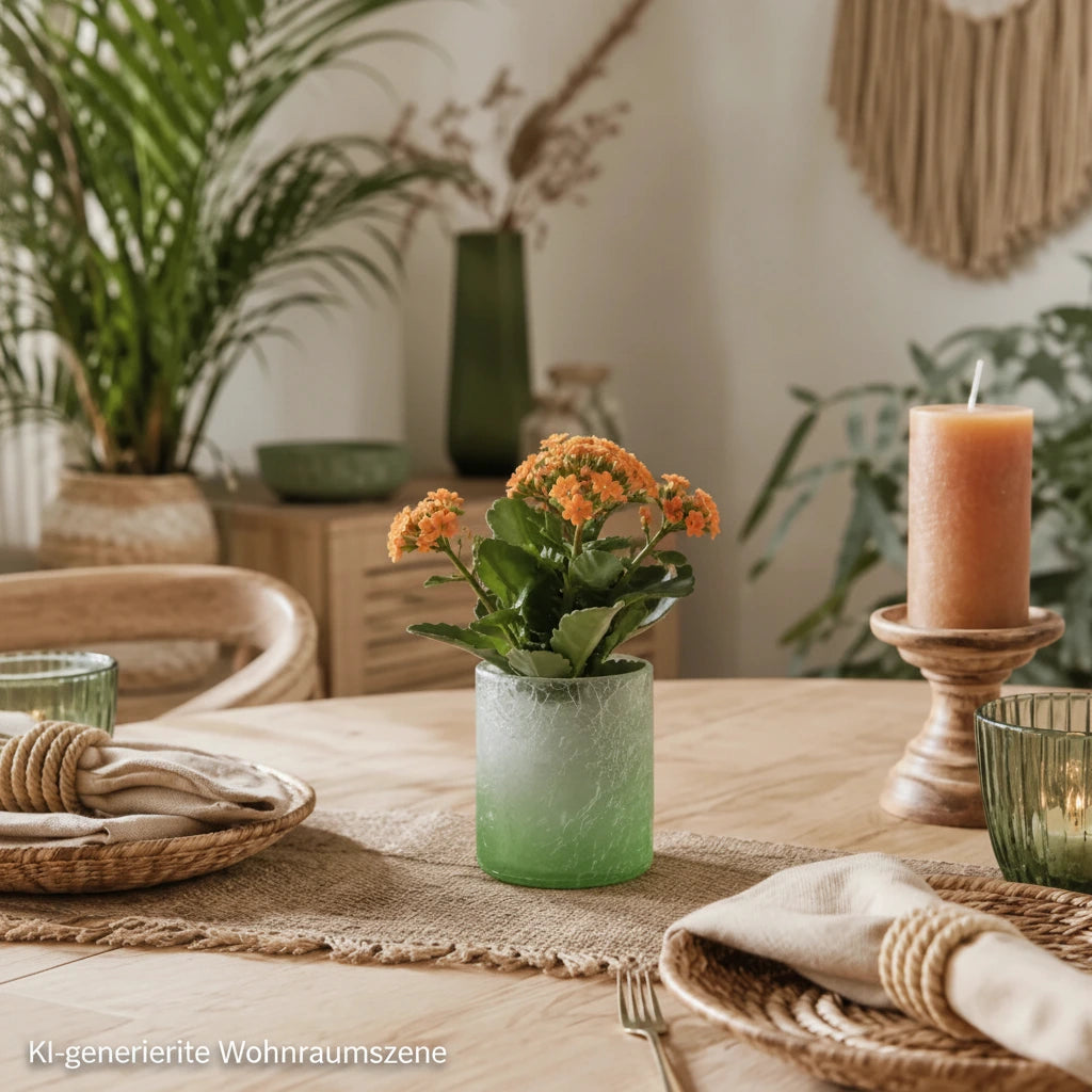 Grüner Sompex Crush Glas Teelichthalter als Vase mit grüner Pflanze und orangen Blüten auf einem Boho-Esstisch