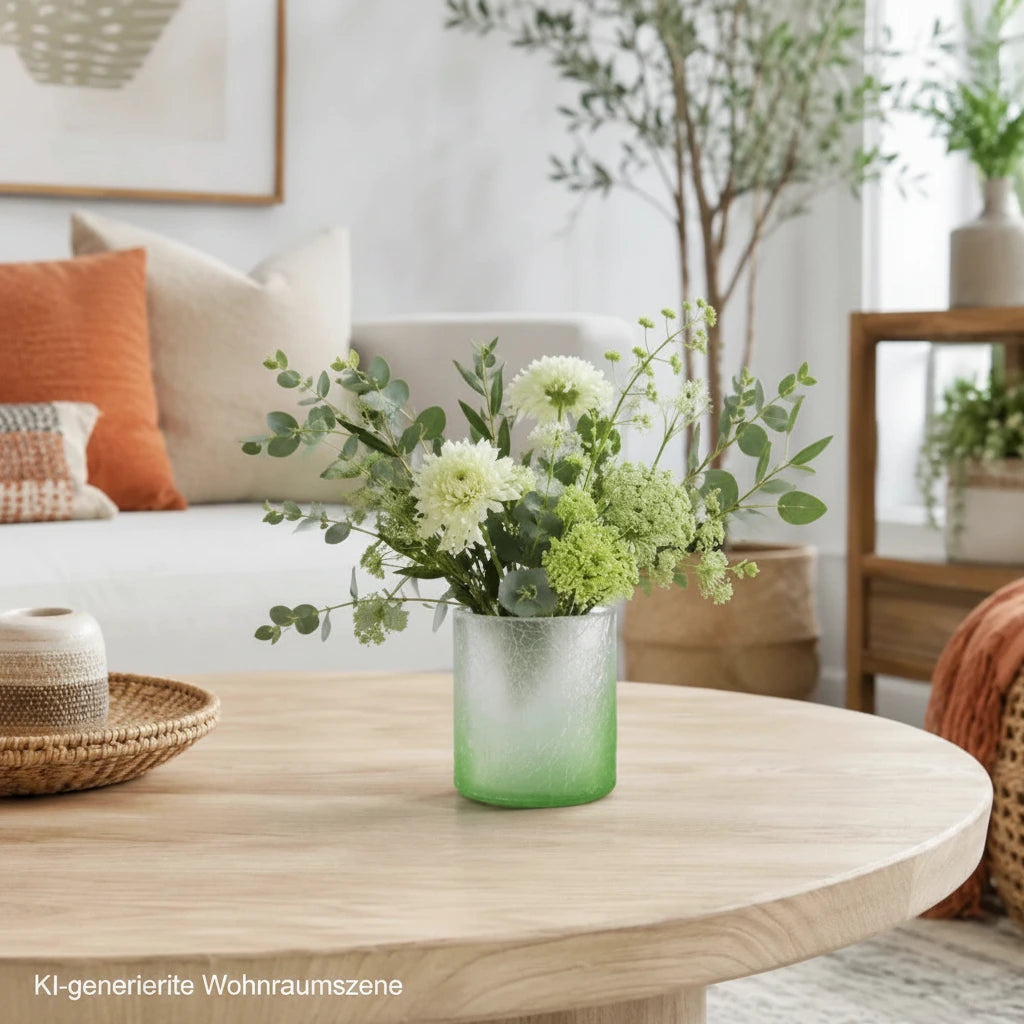 Grüner Crush Glas Teelichthalter von Sompex als kleine Vase mit Blumenstrauß auf einem Couchtisch im Boho-Wohnzimmer