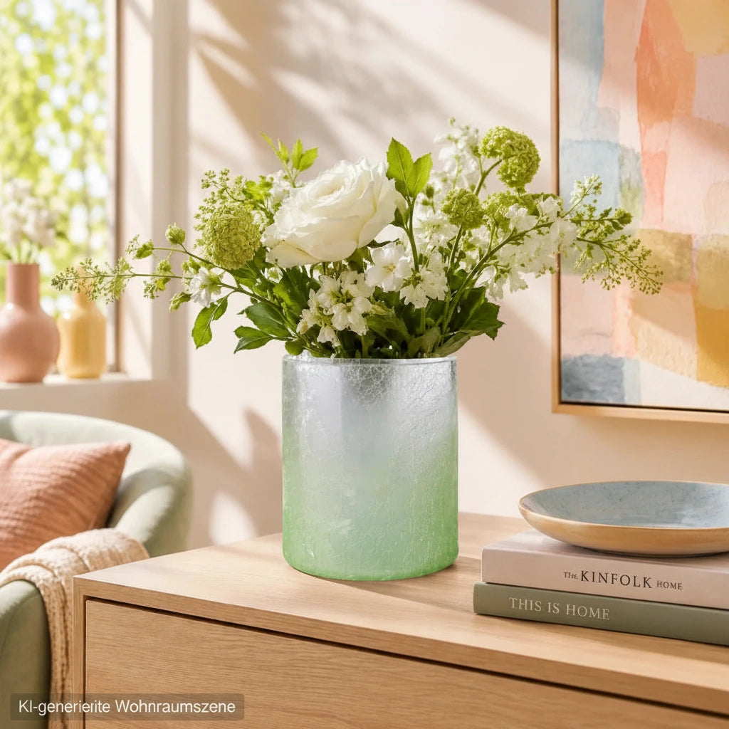 Grüner Sompex Teelichthalter aus Crush Glas als Vase mit Blumen in einem modernen farbenfrohen Wohnzimmer