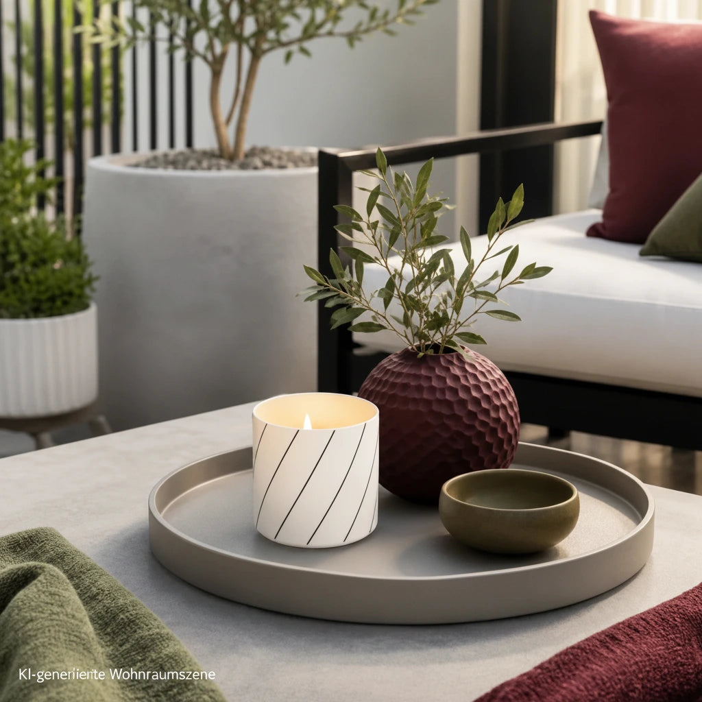 Weißer Porzellan-Teelichthalter mit leuchtender LED-Kerze auf einem Dekotablett auf moderner Terrasse mit Bordeaux- und Olivgrün-Akzenten