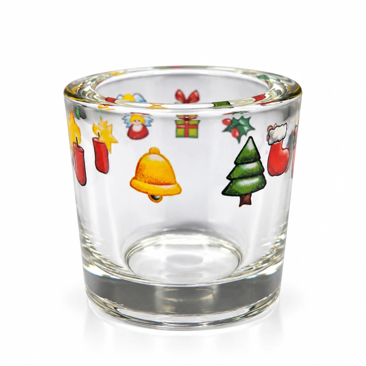 transparentes Teelichtglas mit Tannenbaum Glocke und festlichen Weihnachtsmotiven gemalt, 6 cm durchmesser
