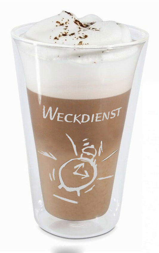 Thermoglas doppelwand Trinkglas Glas Latte Macchiato kaffee Tee kakao mit aufdruck weckdienst 250 ml moderne form 32556 sompex Geschnk idee frau tochter oma tante kaffeeliebhaber