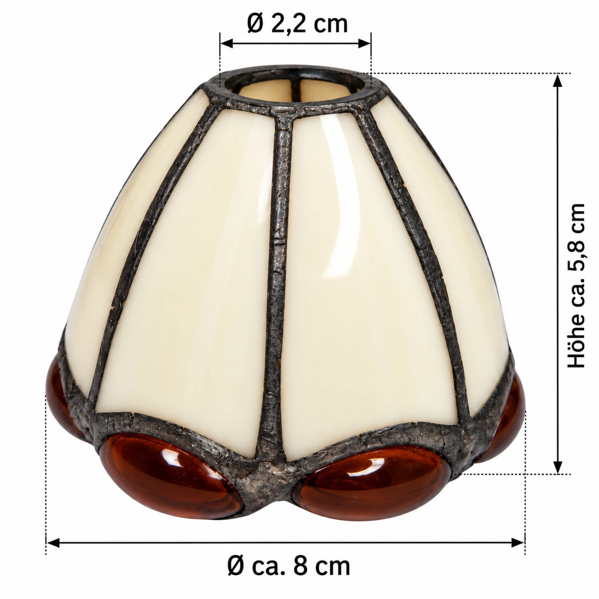 Tiffany Ersatzglas mit Maßangaben – 8 cm Durchmesser, 5,8 cm Höhe und 22 mm Befestigungsöffnung