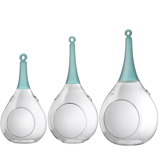 3er Set Taura blau Windlicht zum aufhängen Glas Hängedekoration mundgeblasen, handbemalt
