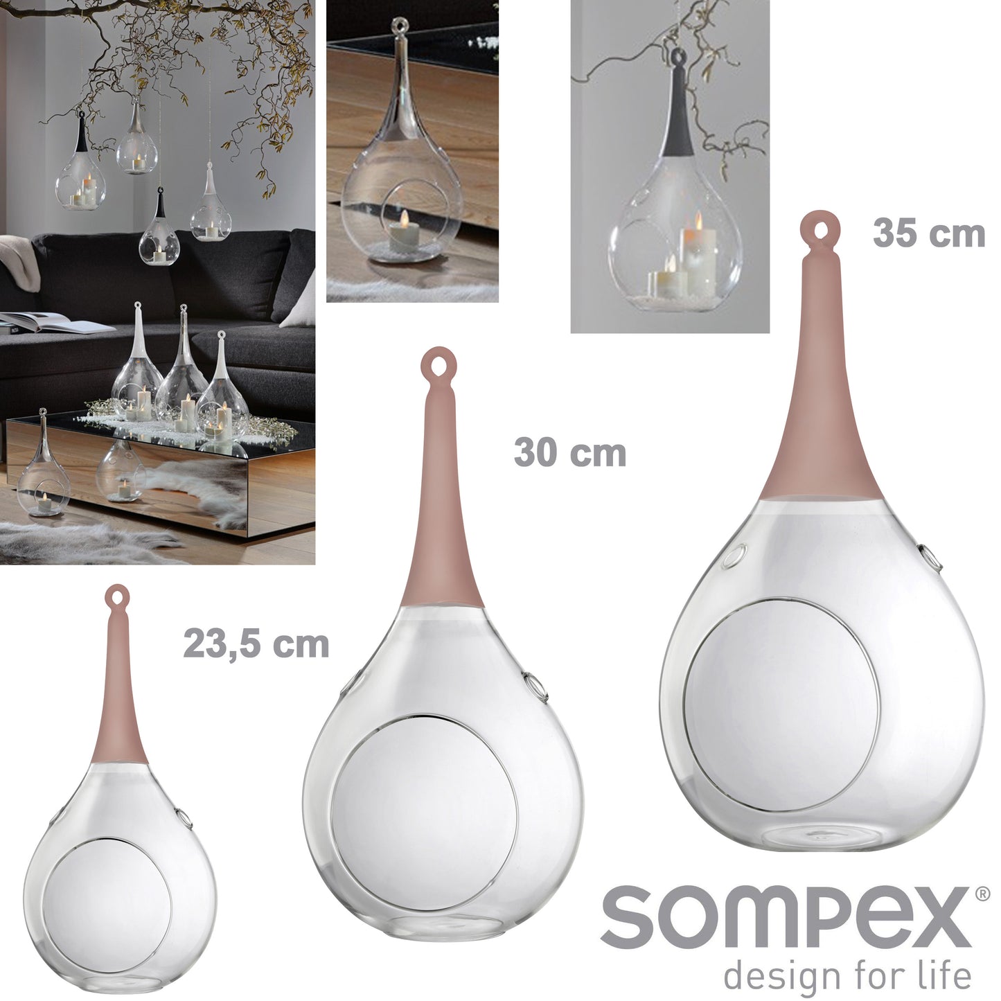 3er Set Taura rosa pink Windlicht zum aufhängen Glas Hängedekoration 