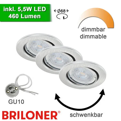 3x Einbauspots 68 mm Alu GU10 inkl. 5,5W LED dimmbar – Einbaustrahler IP23, schwenkbar, dimmbar, 68mm