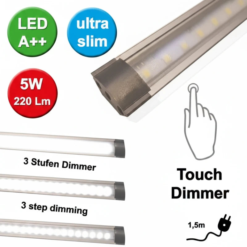 LED Lichtleiste mit 3 Stufen Touch Dimmer 30cm ultra flach