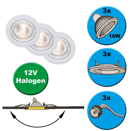 3er Set Einspots Ron weiß schwenkbar 12V Halogen – Einbaustrahler IP20, schwenkbar, 20mm