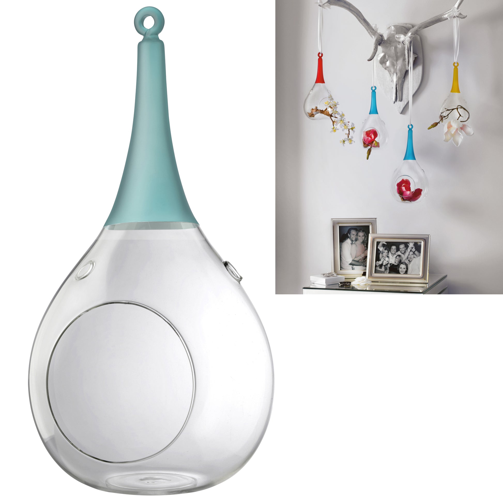 Taura blau groß Windlicht zum aufhängen Glas 