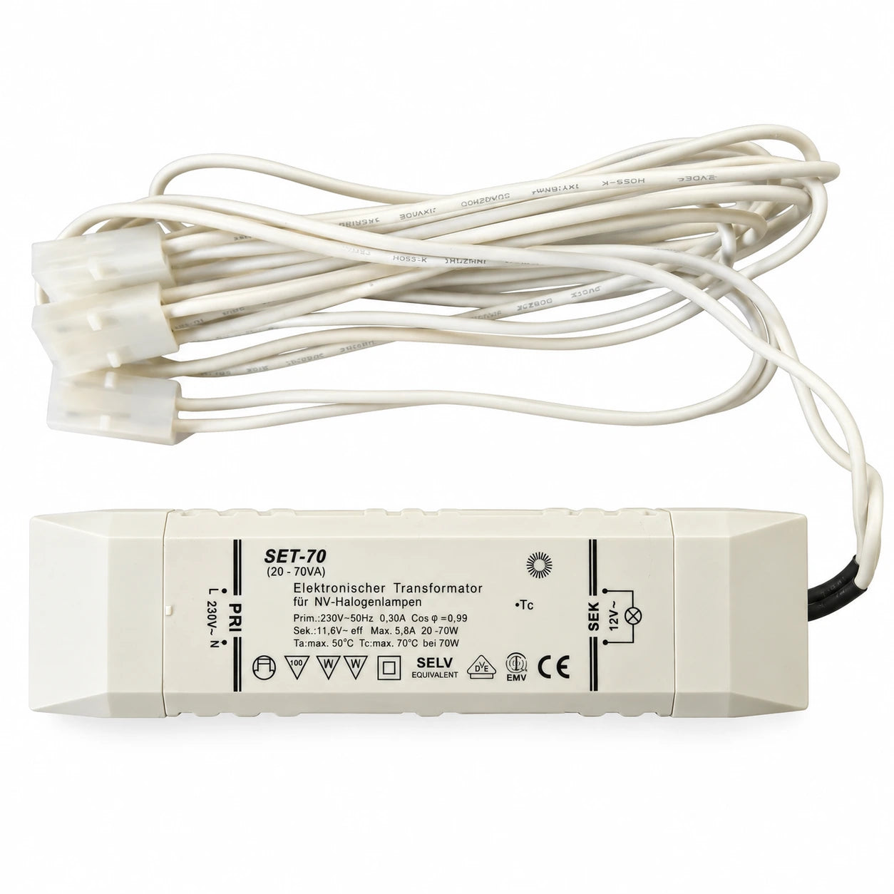 halogen transformator set-70 20-70mA für niedervolt halogenlampen dimmbar mit kabelbaum zu 3er set venus 80 gold
