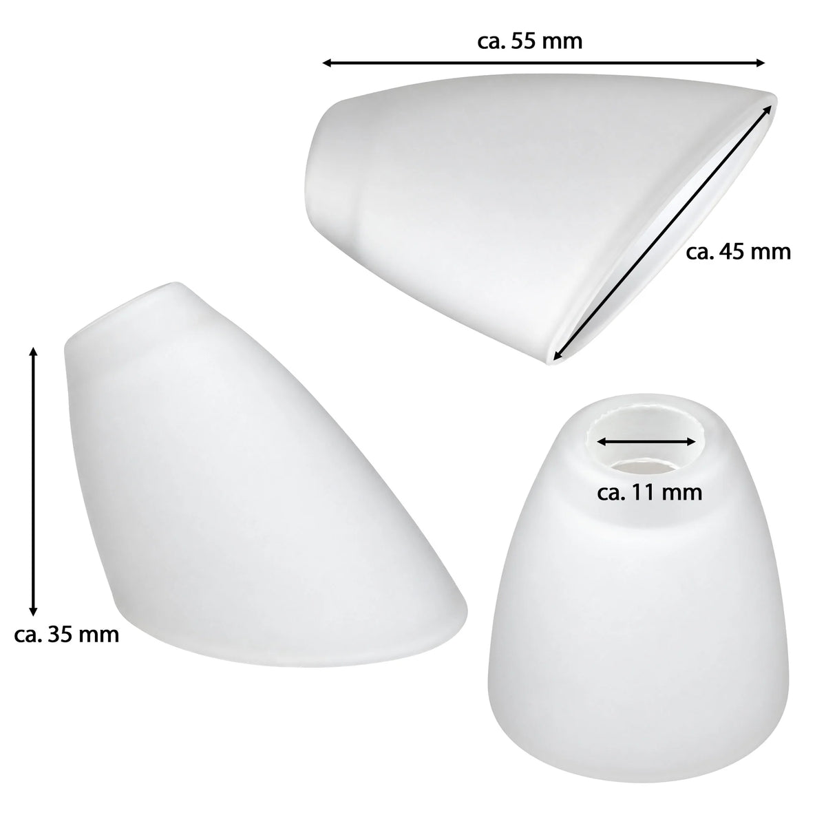 Ersatz Lampenglas weiß matt – kleines Tulpenglas mit 11 mm Aufnahmeöffnung - 55mm lang, 35mm hoch