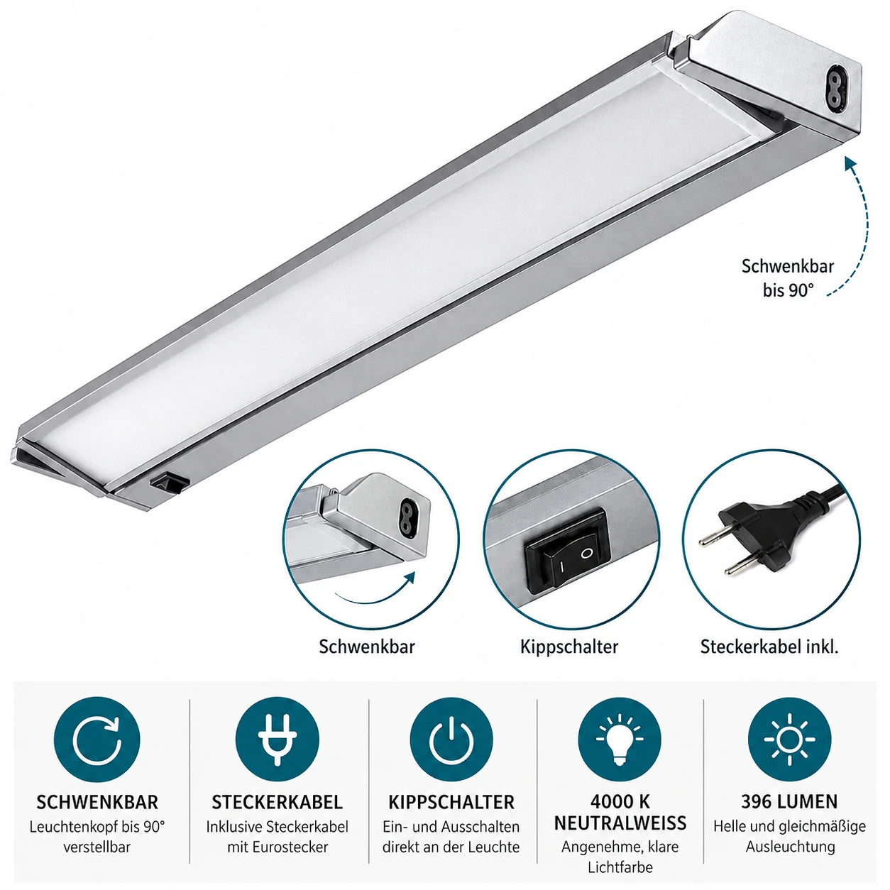 LED Unterbauleuchte 34 cm aus Aluminium mit schwenkbarem Leuchtenkopf, Kippschalter und Steckerkabel