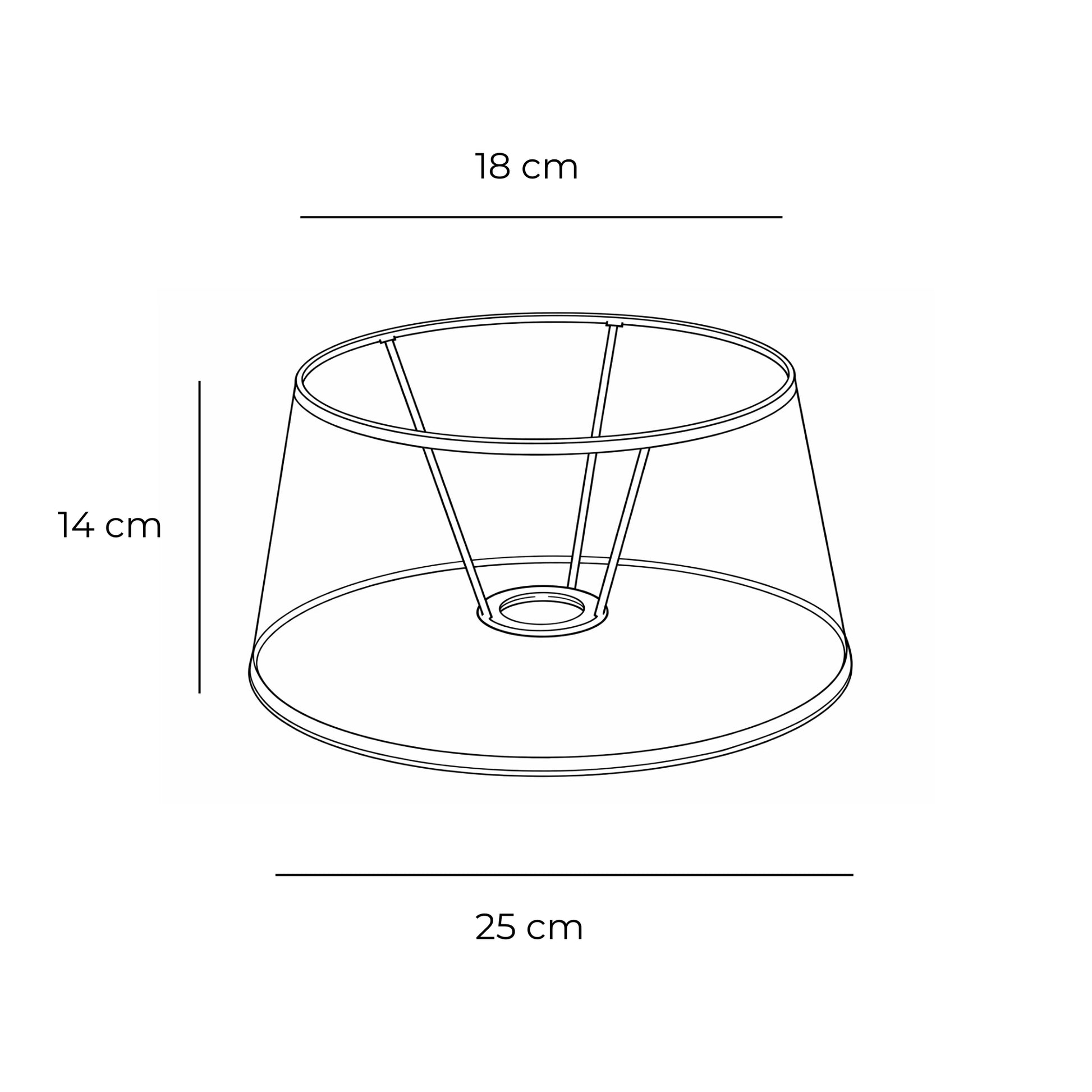 Various Lampenschirm Balken rund braun/creme aus Textil, Artikelnummer 280108, technische Maßzeichnung mit 18 cm oben, 25 cm unten und 14 cm Höhe