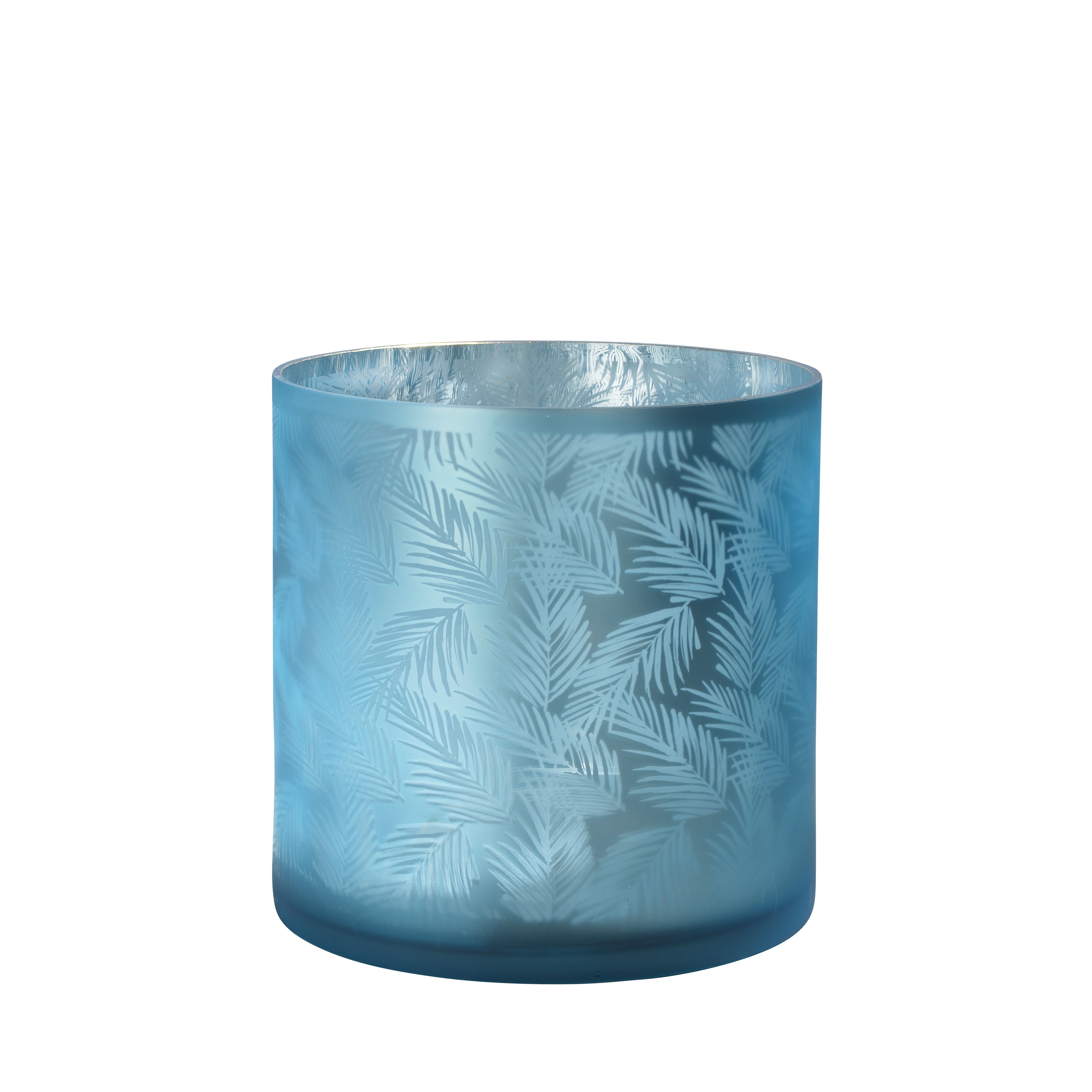 Windlicht Vase aus Glas blau silber mit Blattmuster 20cm Glas