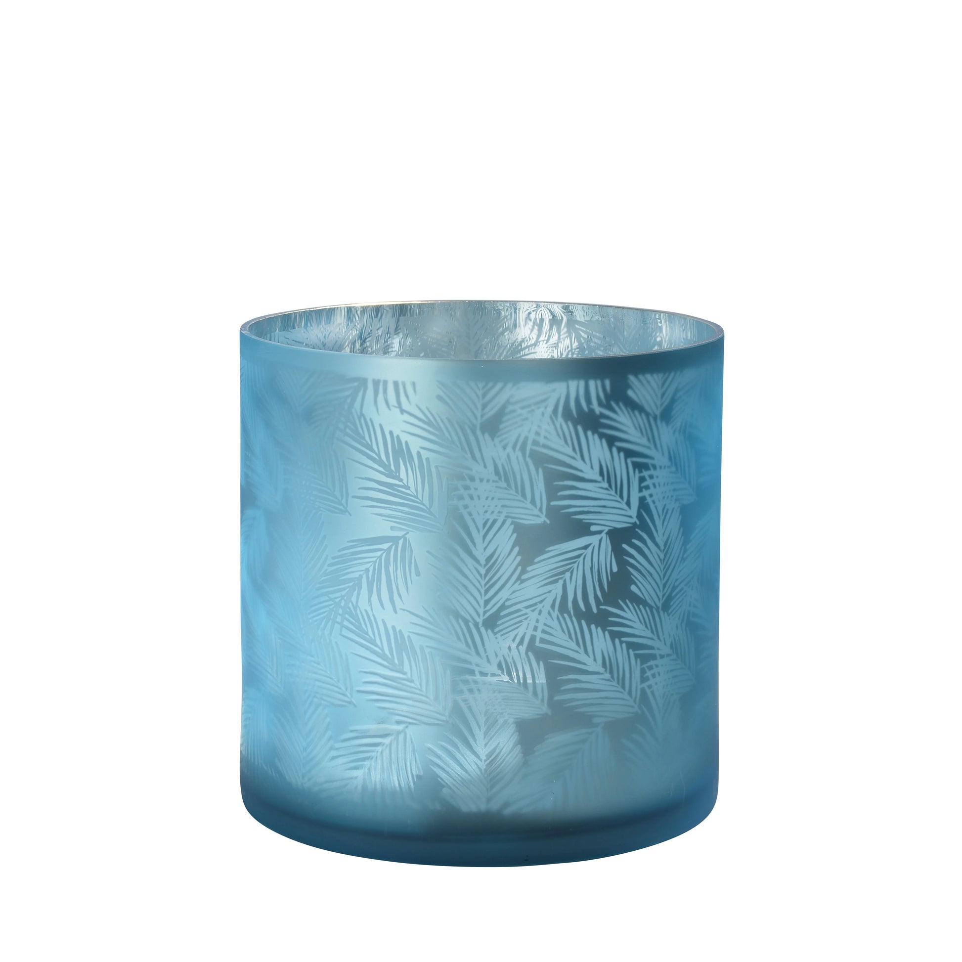 Windlicht Vase aus Glas blau silber mit Blattmuster 20cm Glas