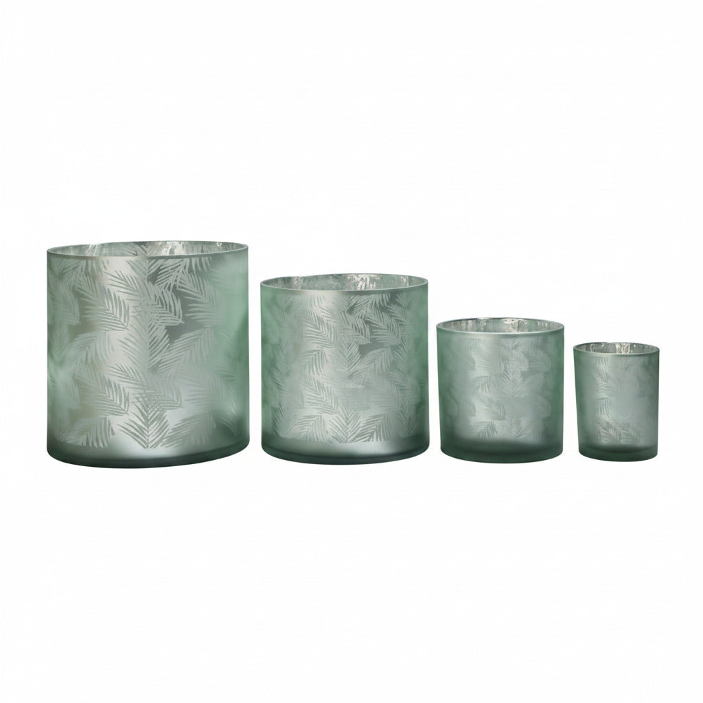 Windlicht Vase aus Glas grün silber mit Blattmuster 15cm