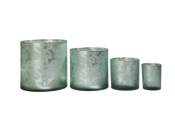 Windlicht Vase aus Glas grün silber mit Blattmuster 15cm