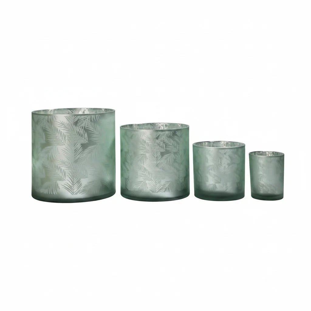 Windlicht Vase aus Glas grün silber mit Blattmuster 10cm