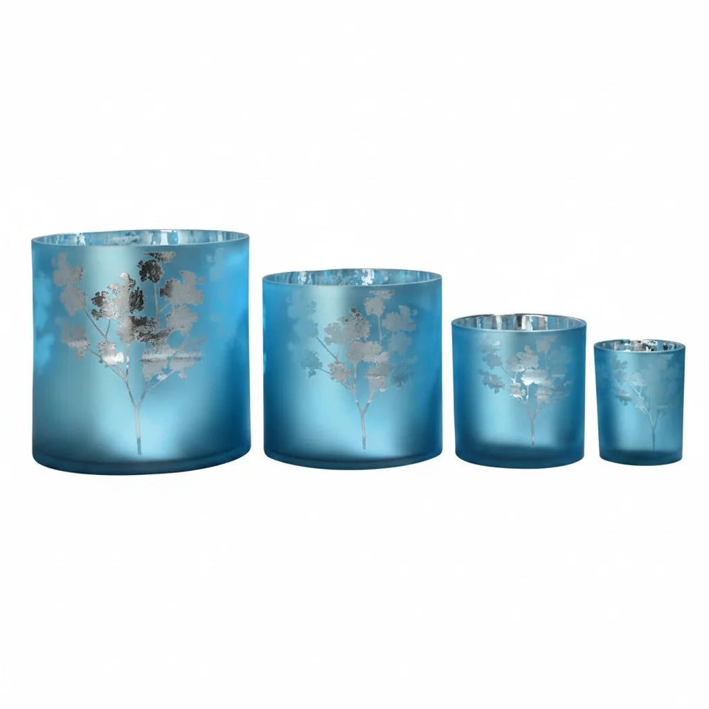 Vase Übertopf aus Glas blau silber mit Blumen 24,5cm