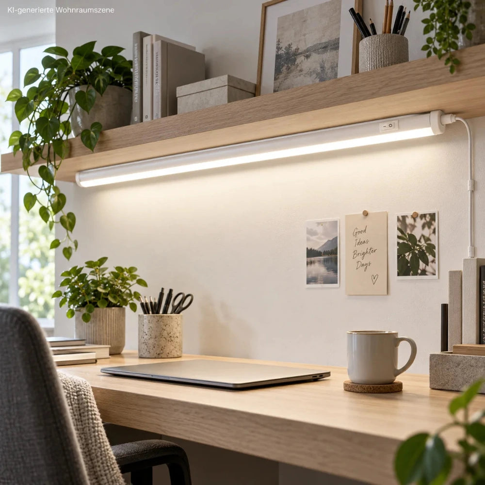 Eingeschaltete Vesio LED-Lichtleiste mit 120 cm Länge unter einem Regal im modernen Arbeitszimmer zur Beleuchtung des Schreibtischs.