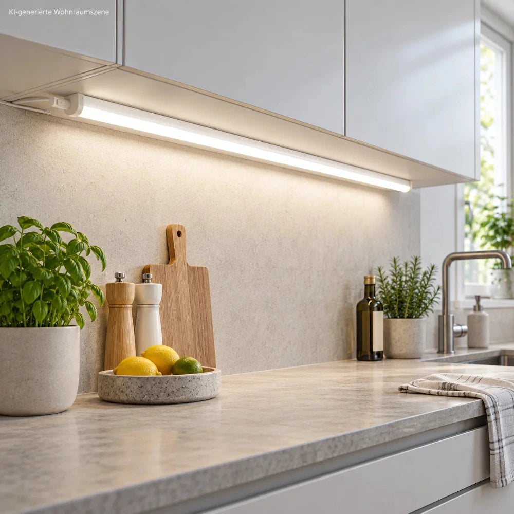 Weiße Vesio LED-Unterbauleuchte mit 120 cm Länge unter einem Küchenschrank und gleichmäßiger Beleuchtung der Arbeitsplatte.