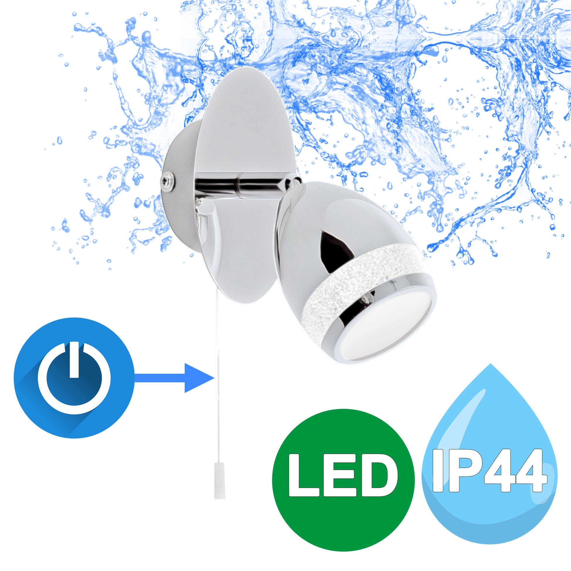 Wandlampe LED mit Zugschalter Chrom Leselampe Glitzer IP44