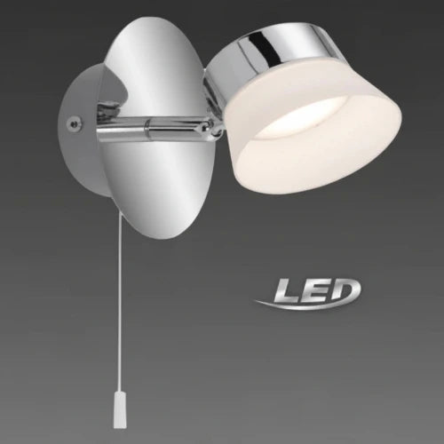 Wandlampe LED mit Schalter zum ziehen  ip44 feuchtraum badezimmer lampe am waschbecken briloner 2209-018 spiegellampe mit zugschalter chrom mit matten weißen Lampenschirm aus Kunststoff