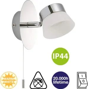 Wandlampe LED mit Schalter zum ziehen  ip44 feuchtraum badezimmer lampe am waschbecken warmweiß 3000K briloner 2209-018 spiegellampe mit zugschalter chrom mit matten weißen Lampenschirm aus Kunststoff
