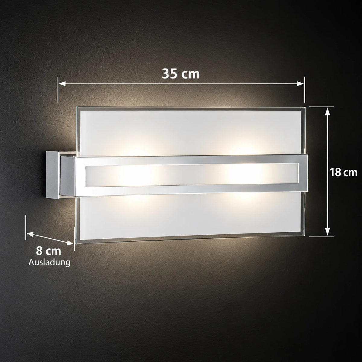 Honsel Luz LED Wandleuchte mit 35 cm Breite, 18 cm Höhe und nur 8 cm Ausladung, modernes flaches Glasdesign