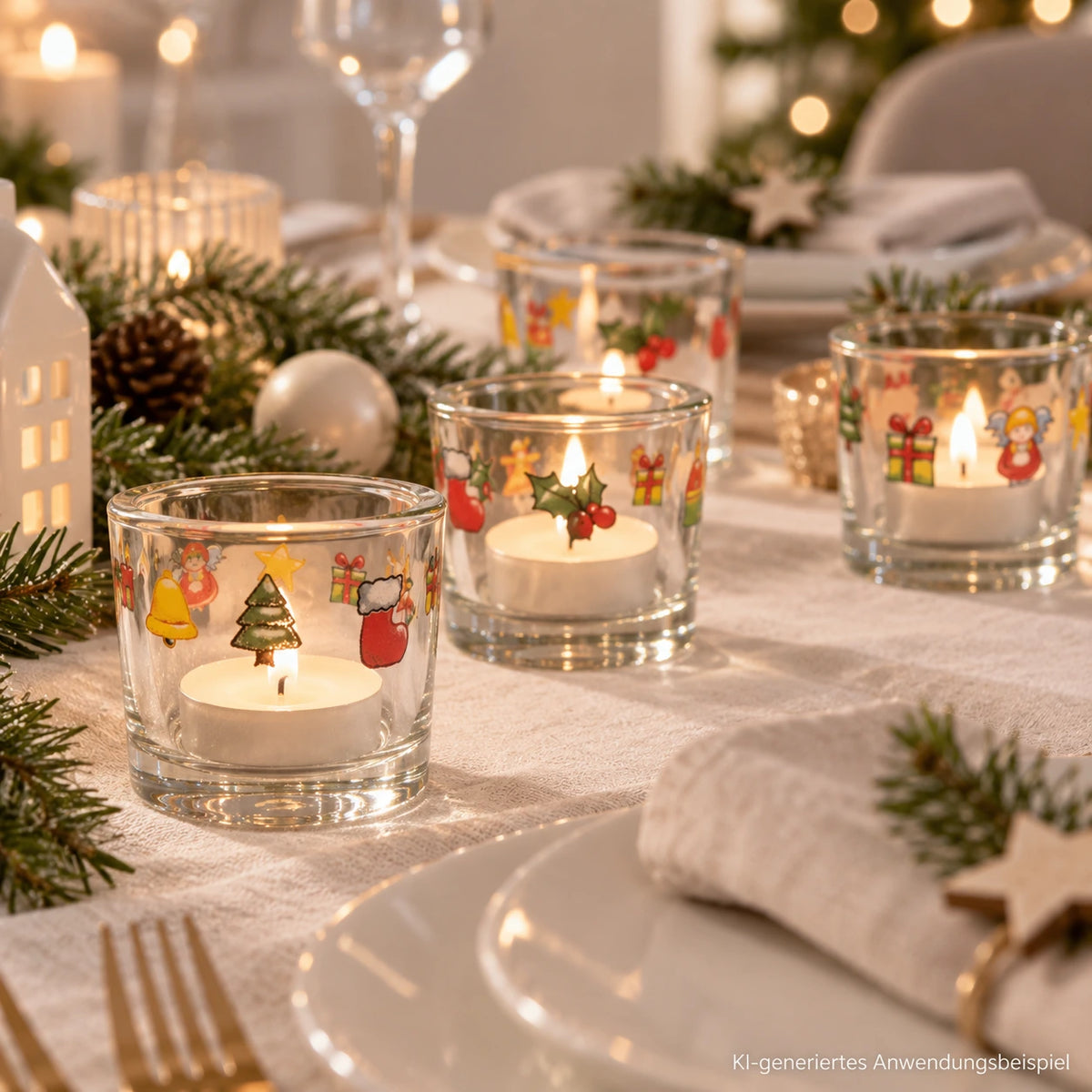 Weihnachtlicher Teelichthalter mit brennendem Teelicht auf festlich gedecktem Tisch, KI-generiertes Anwendungsbeispiel